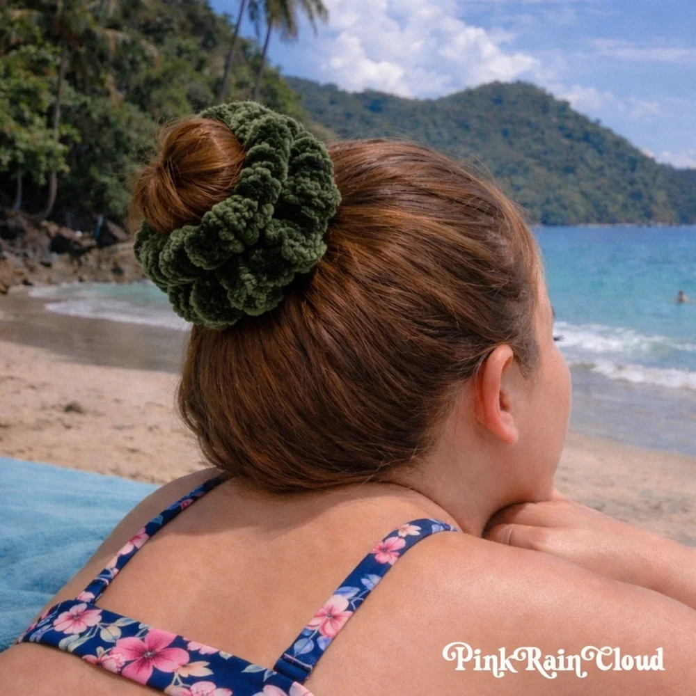 Handmade Crochet VELVET Hunter Green Large Hair Scrunchie PinkRainCloud